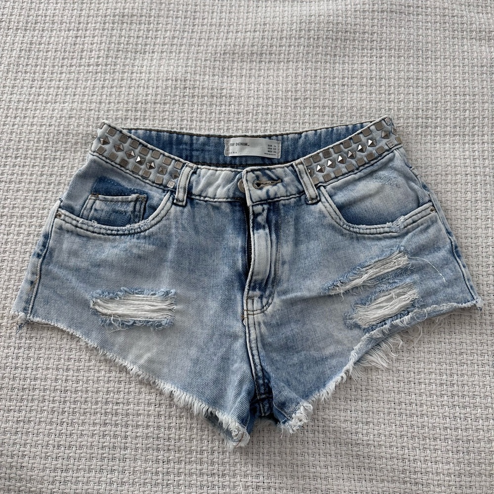 Trafaluc Zara Women’s 02 Jeans Short Shorts Studded Festival Distressed #1188